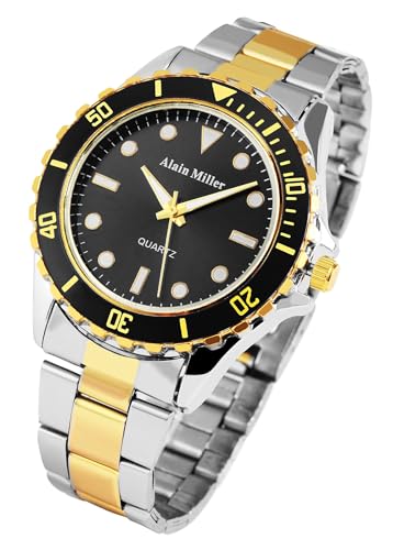Modische Alain Miller Herren Armband Uhr Schwarz Silber Gold Analog Edelstahl Quarz 92800012007 von Excellanc
