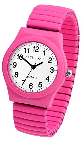 Modische Damen Armband Uhr Neon Pink Weiß Edelstahl Metall Zugband Stretch Quarz 91700074003 von Excellanc