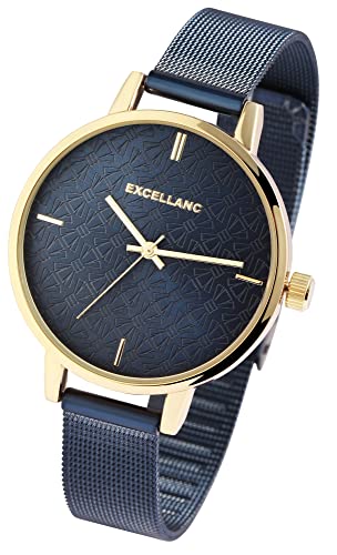 Modische Design Damen Armband Uhr Blau Gold Analog Edelstahl Meshband Milanaise Quarz Frauen 91300013008 von Excellanc