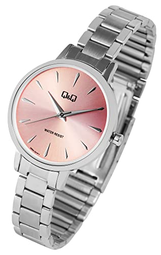 Modische Q&Q by Citizen Design Damen Armband Uhr Rosa Silber Analog Edelstahl 3ATM Quarz Frauen 9Q56A001PY von Excellanc