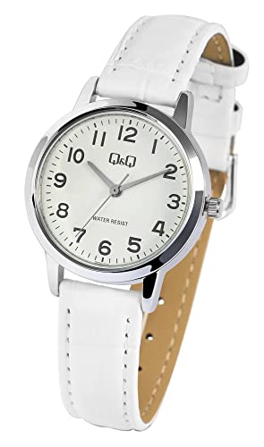 Modische Q&Q by Citizen Design Damen Armband Uhr Weiß Analog Kunst Leder 3ATM Quarz Frauen 9Q925J314Y von Excellanc