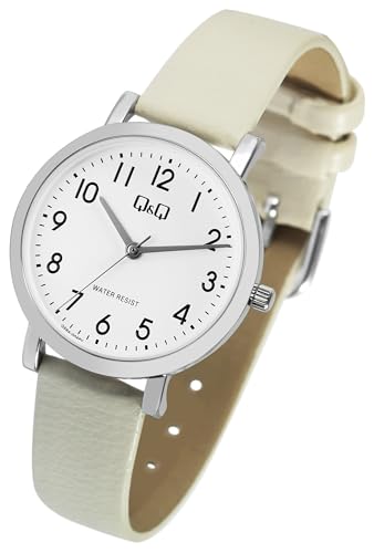 Modische Q&Q by Citizen Design Damen Armband Uhr Weiß Beige Analog Kunst Leder 3ATM Quarz Frauen 9Q58A004PY von Excellanc