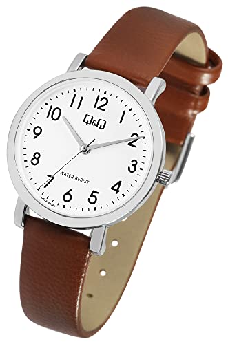 Modische Q&Q by Citizen Design Damen Armband Uhr Weiß Braun Analog Kunst Leder 3ATM Quarz Frauen 9Q58A005PY von Excellanc