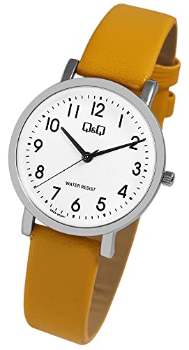 Modische Q&Q by Citizen Design Damen Armband Uhr Weiß Gelb Analog Kunst Leder 3ATM Quarz Frauen 9Q58A002PY von Excellanc