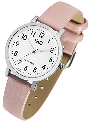 Modische Q&Q by Citizen Design Damen Armband Uhr Weiß Rosa Analog Kunst Leder 3ATM Quarz Frauen 9Q58A003PY von Excellanc