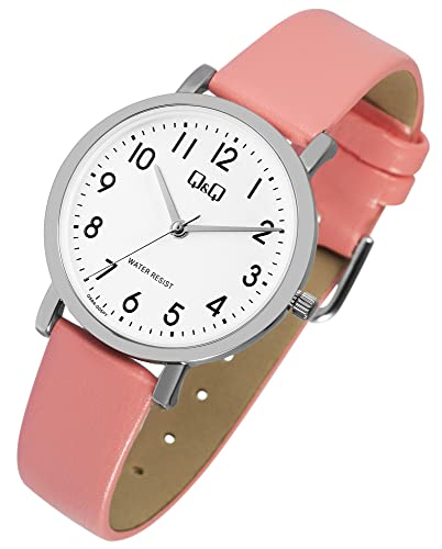 Modische Q&Q by Citizen Design Damen Armband Uhr Weiß Rosa Apricot Analog Kunst Leder 3ATM Quarz Frauen 9Q58A006PY von Excellanc