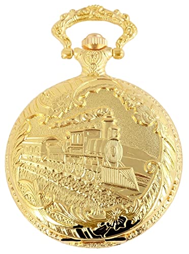 Motiv Taschenuhr Eisenbahn Dampflok Zug Motiv + Kette und Clip Weiß Gold Sprungdeckel Analog Quarz 9480802000036 von Excellanc