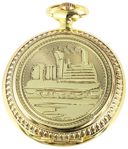 Motiv Taschenuhr Eisenbahn Schiff + Kette Clip Weiß Gold Sprungdeckel Analog Quarz 9480302000058 von Excellanc