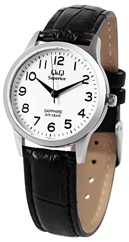 Q&Q Superior by Citizen Damen Armband Uhr Weiß Schwarz Leder Saphirglas 5ATM Analog Quarz 9S281J314Y von Excellanc