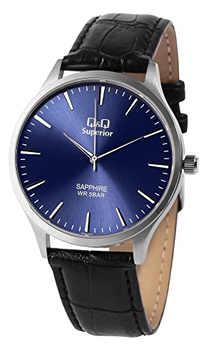 Q&Q Superior by Citizen Damen Herren Armband Uhr Blau Schwarz Leder Saphirglas Unisex 5ATM Analog Quarz 9S278J322Y von Excellanc