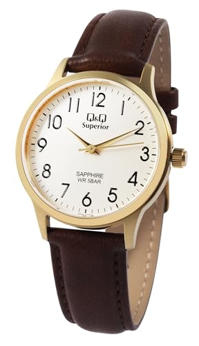 Q&Q Superior by Citizen Damen Herren Armband Uhr Weiß Rosègold Braun Leder Saphirglas Unisex 5ATM Analog Quarz 9S03A010VY von Excellanc