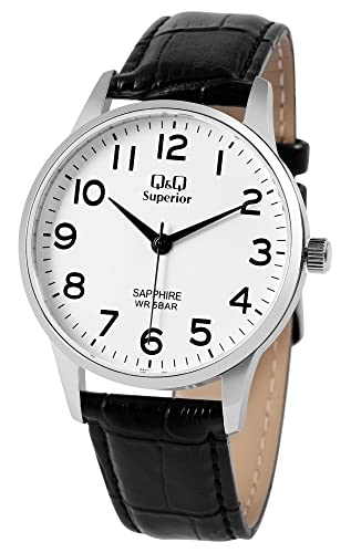 Q&Q Superior by Citizen Herren Armband Uhr Weiß Schwarz Leder Saphirglas 5ATM Analog Quarz 9S280J314Y von Excellanc
