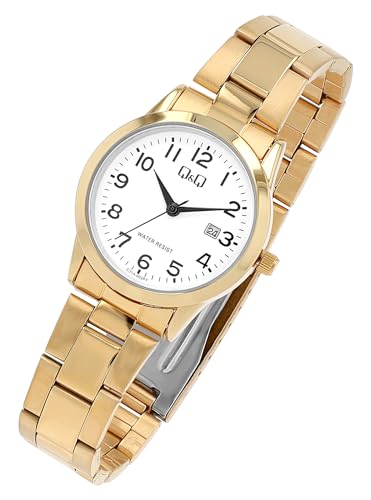 Q&Q by Citizen Damen Armband Uhr Weiß Gold Analog Datum Edelsthal Quarz Mode 3ATM Frauen 9C31A002PY von Excellanc