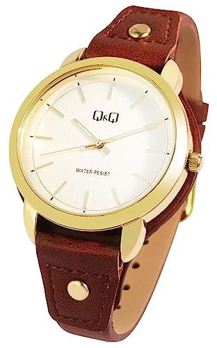 Q&Q by Citizen Design Damen Armband Uhr Weiß Gold Braun Analog Leder Imitat Frauen 9QB19J101Y von Excellanc