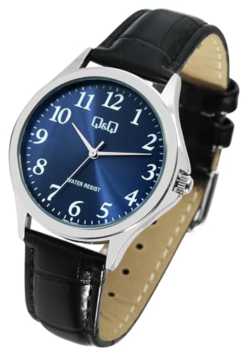 Q&Q by Citizen Herren Armband Uhr Blau Schwarz Leder Imitat Klassik Analog Quarz Männer 9Q93A005PY von Excellanc