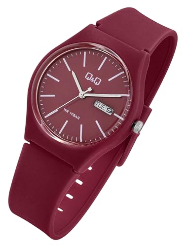 Q&Q by Citizen Herren Armband Uhr Bordeaux Rot Analog Datum & Tag Kunststoff Silikon Quarz 10ATM Mode Männer 9A212J011Y von Excellanc