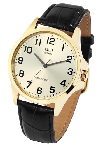 Q&Q by Citizen Herren Armband Uhr Gold Braun Leder Imitat Klassik Analog Quarz Männer 9QA06J103Y von Excellanc