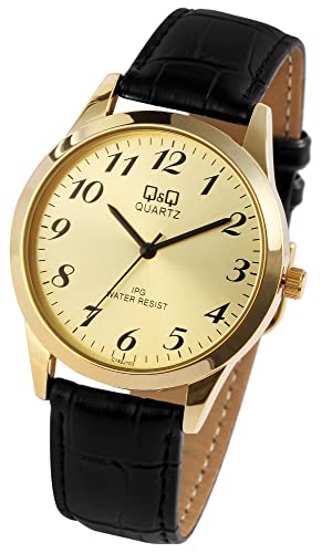 Q&Q by Citizen Herren Armband Uhr Gold Schwarz Analog Leder Imitat Klassik Quarz Männer 9C152J103Y von Excellanc