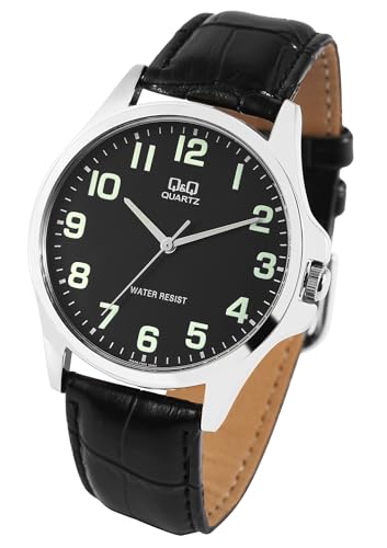 Q&Q by Citizen Herren Armband Uhr Schwarz Analog Leder Imitat Klassik Quarz Männer 9QA06J305Y von Excellanc