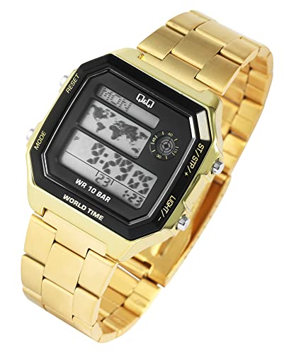 Q&Q by Citizen Herren Armband Uhr Schwarz Gold Digital Edelstahl Dual Time Weltzeit 10ATM 100M Männer 9M196J007Y von Excellanc