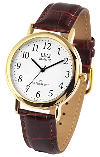 Q&Q by Citizen Herren Armband Uhr Weiß Braun Gold Analog Leder Imitat Klassik Quarz Männer 9C150J104Y von Excellanc