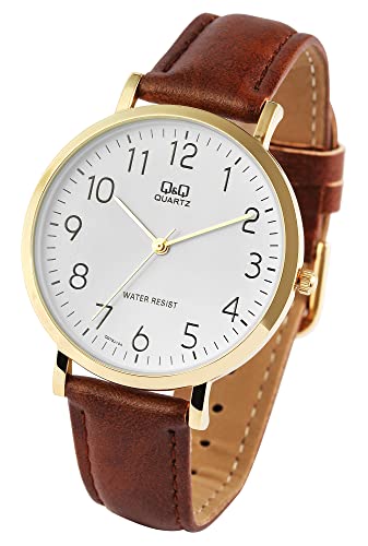 Q&Q by Citizen Herren Armband Uhr Weiß Braun Gold Leder Imitat Klassik Analog Männer 9Q978J104YU von Excellanc