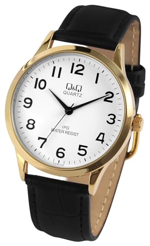 Q&Q by Citizen Herren Armband Uhr Weiß Schwarz Gold Analog Leder Imitat Klassik Männer 9C192J104Y von Excellanc