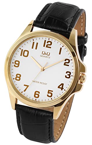 Q&Q by Citizen Herren Armband Uhr Weiß Schwarz Gold Analog Leder Imitat Klassik Quarz Männer 9QA06J104Y von Excellanc