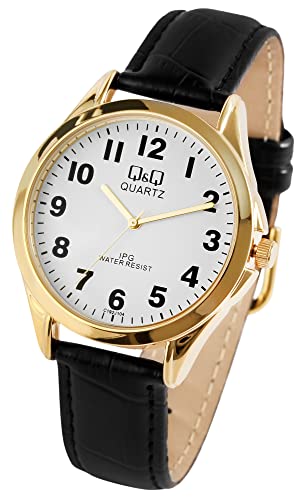 Q&Q by Citizen Herren Armband Uhr Weiß Schwarz Gold Analog Leder Imitat Quarz Klassik Männer 9C214J104Y von Excellanc