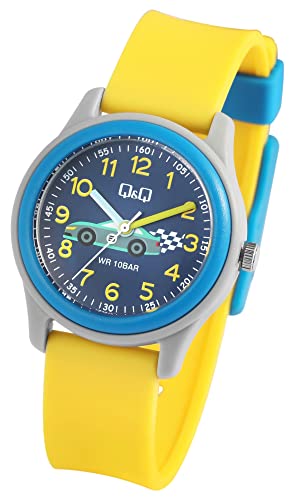 Q&Q by Citizen Kinder Armband Uhr Blau Gelb Silikon Rennwagen Auto Motiv 100M WR 10ATM Junge Mädchen VS59J007YU von Excellanc