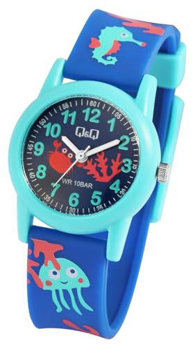 Q&Q by Citizen Kinder Armband Uhr Blau Grün Krebs Qualle Motiv Analog Kunststoff Silikon Quarz 10ATM Mode Junge Mädchen 9VR99J017Y von Excellanc