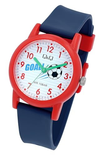 Q&Q by Citizen Kinder Armband Uhr Weiß Blau Rot Fußball Motiv Analog Kunststoff Silikon Quarz 10ATM Mode Junge Mädchen 9V23A015VY von Excellanc