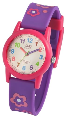 Q&Q by Citizen Kinder Armband Uhr Weiß Lila Pink Silikon Blumen 100M WR 10ATM Junge Mädchen 9VR99J001Y von Excellanc