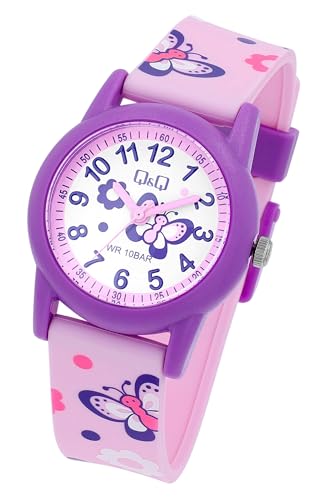 Q&Q by Citizen Kinder Armband Uhr Weiß Lila Rosa Schmetterling Motiv Analog Kunststoff Silikon Quarz 10ATM Mode Junge Mädchen 9V22A009VY von Excellanc