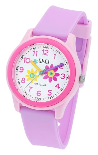 Q&Q by Citizen Kinder Armband Uhr Weiß Rosa Blumen Motiv Analog Kunststoff Silikon Quarz 10ATM Mode Junge Mädchen 9VS59J004Y von Excellanc