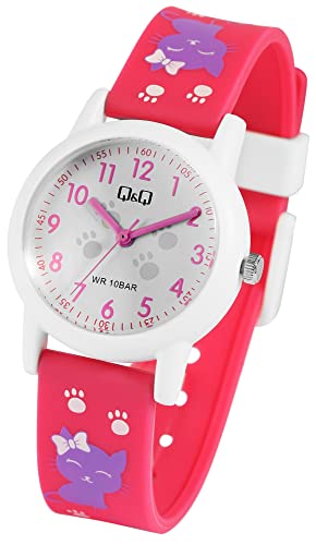 Q&Q by Citizen Kinder Armband Uhr Weiß Rosa Pink Silikon Katze Pfötchen Motiv Junge Mädchen Kids 100M WR 10ATM 9V23A001VY von Excellanc