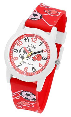 Q&Q by Citizen Kinder Armband Uhr Weiß Rot Fußball Motiv Analog Kunststoff Silikon Quarz 10ATM Mode Junge Mädchen 9V22A010VY von Excellanc