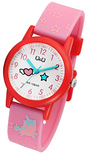 Q&Q by Citizen Kinder Mädchen Armband Uhr Weiß Rosa Rot Silikon Einhorn Stern Motiv Junge Mädchen Kids 100M WR 10ATM 9V23A008VY von Excellanc