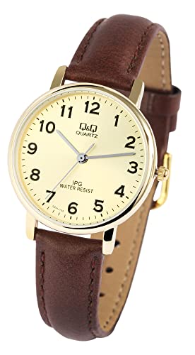 Q&Q by Citizen Mode Damen Armband Uhr Gold Braun Analog Leder Imitat Quarz Frauen 3 ATM Quarz 9QZ01J103Y von Excellanc