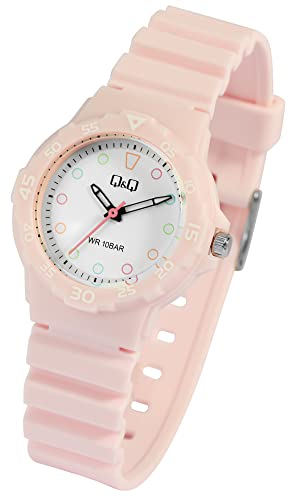 Sportliche Q&Q by Citizen Damen Armband Uhr Silber Rosa Analog Silikon Kunststoff Kinder Jungen Mädchen 100M WR 9V07A001VY von Excellanc