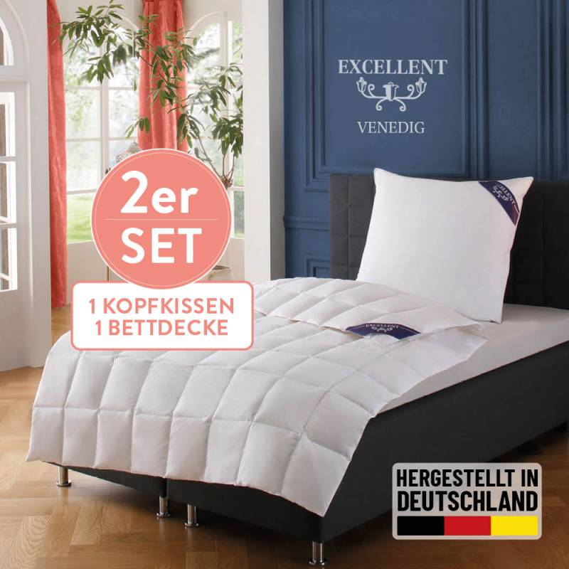 Excellent Daunenbettdecke + 3-Kammer-Kopfkissen "Venedig, 2-tlg, hergestellt in Deutschland, verschiedene Größen" Decke mit Kissen,Set, Sommer, Winter, Bettdecke 135x200 cm, 155x220 cm von Excellent