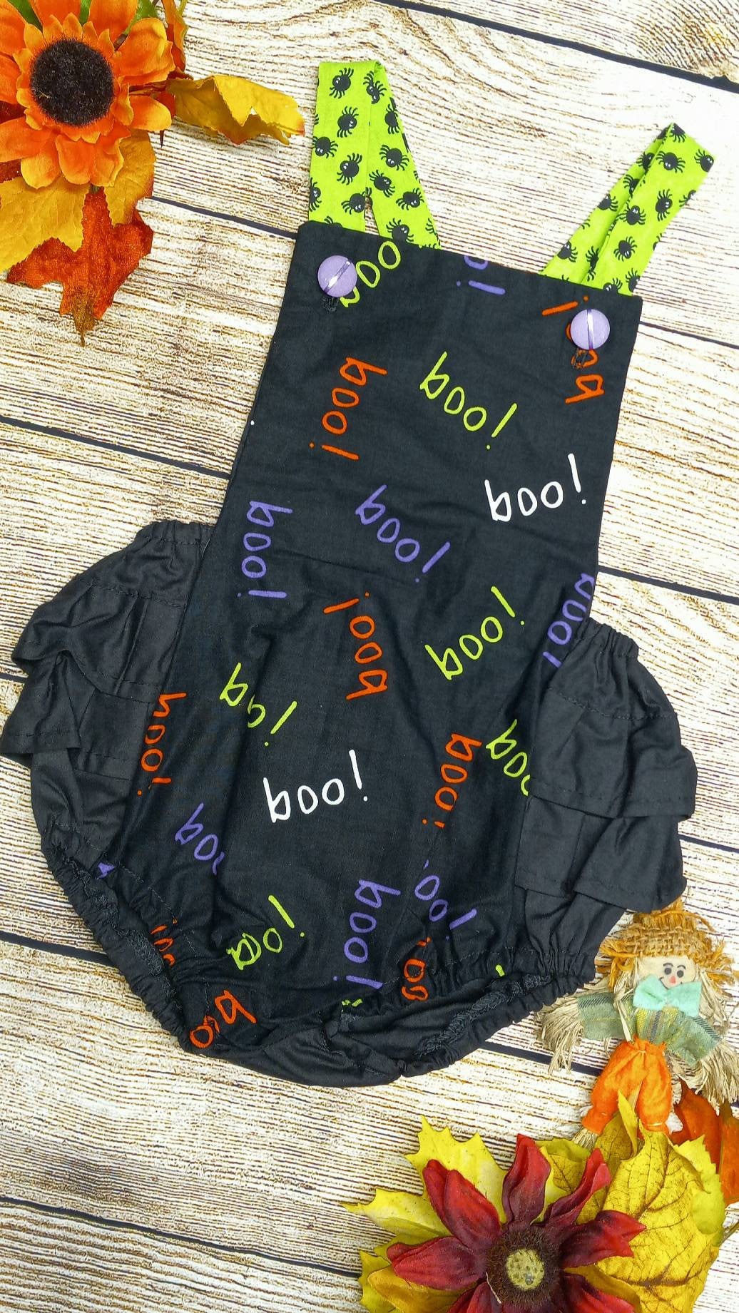 Boo Halloween Strampler Kostüm, Herbst Strampler, Grüne Spinne Riemen, Multi Farbe Schwarzer Rüschen Festlicher von ExclusiveTB