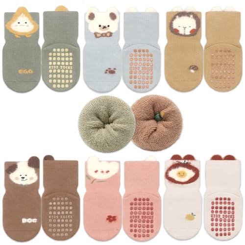 Exemaba 6 Paare Baby Anti Rutsch Socken Dicke Kleinkinder Warme Wintersocken Stoppersocken ABS Rutschfeste Socken(Beige Tomate, S/6-12 Monate) von Exemaba