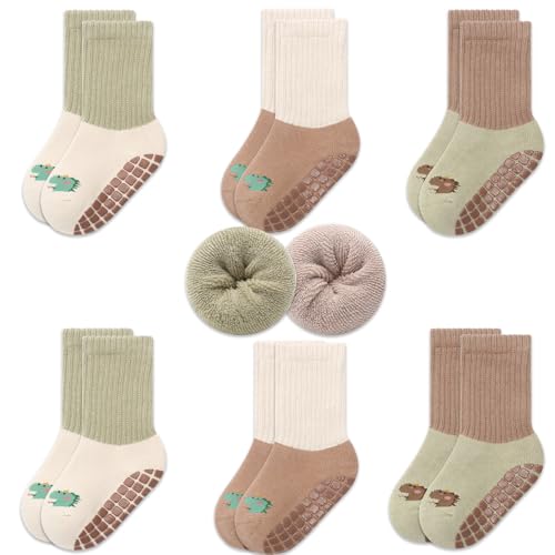 Exemaba 6 Paare Baby Anti Rutsch Socken Dicke Kleinkinder Warme Wintersocken Stoppersocken ABS Rutschfeste Socken(Dinosaurier Set, M/1-3 Jahre) von Exemaba