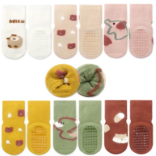 Exemaba 6 Paare Baby Anti Rutsch Socken Dicke Kleinkinder Warme Wintersocken Stoppersocken ABS Rutschfeste Socken(Gelber Bär, S/6-12 Monate) von Exemaba