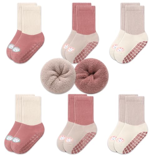 Exemaba 6 Paare Baby Anti Rutsch Socken Dicke Kleinkinder Warme Wintersocken Stoppersocken ABS Rutschfeste Socken(Kaninchen Set, M/1-3 Jahre) von Exemaba