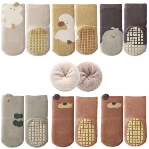 Exemaba 6 Paare Baby Anti Rutsch Socken Dicke Kleinkinder Warme Wintersocken Stoppersocken ABS Rutschfeste Socken(Khaki Ente, L/3-5 Jahre) von Exemaba