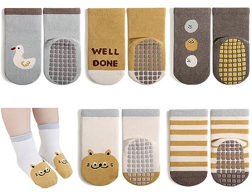 Exemaba Baby Antirutsch Socken 5 Paar Kleinkinder Tiermotive ABS Rutschfeste Sneaker Socken(Blau Ente,S/6-12M) von Exemaba
