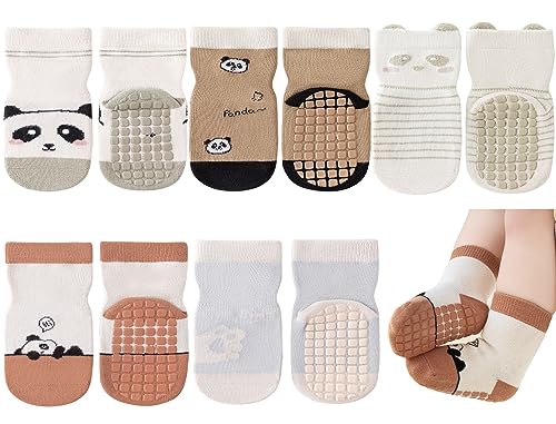 Exemaba Baby Antirutsch Socken 5 Paar Kleinkinder Tiermotive ABS Rutschfeste Sneaker Socken(Kaffee Panda,M/1-3Y) von Exemaba