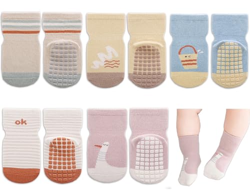 Exemaba Baby Antirutsch Socken 5 Paar Kleinkinder Tiermotive ABS Rutschfeste Sneaker Socken(Khaki Streifen,S/6-12M) von Exemaba